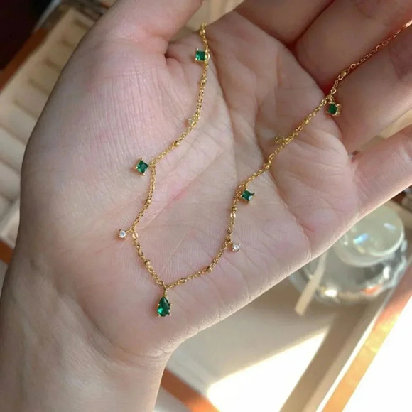 925 Sterling Silver Dainty Emerald Drops Necklace - Picture 6 of 7